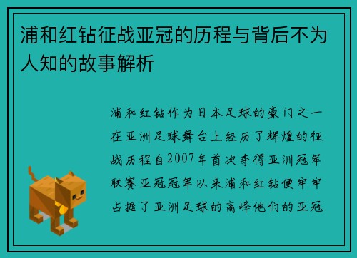 浦和红钻征战亚冠的历程与背后不为人知的故事解析