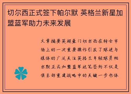 切尔西正式签下帕尔默 英格兰新星加盟蓝军助力未来发展